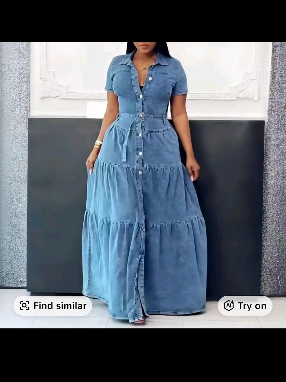 Classic Button-Front Denim Maxi Dress in Light Blue